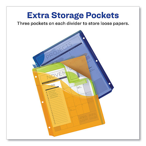 Avery Insertable Big Tab Plastic Three-Pocket Corner Lock Dividers, 5-Tab, 11.13 x 9.25, Assorted, 1 Set (11273)