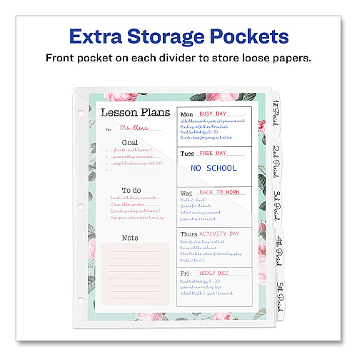 Avery Write and Erase Durable Plastic Dividers with Straight Pocket, 5-Tab, 11.13 x 9.25, White, 1 Set (16825)