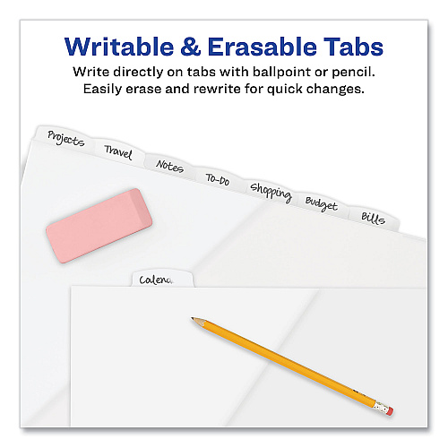 Avery Write and Erase Durable Plastic Dividers with Straight Pocket, 8-Tab, 11.13 x 9.25, White, 1 Set (16826)