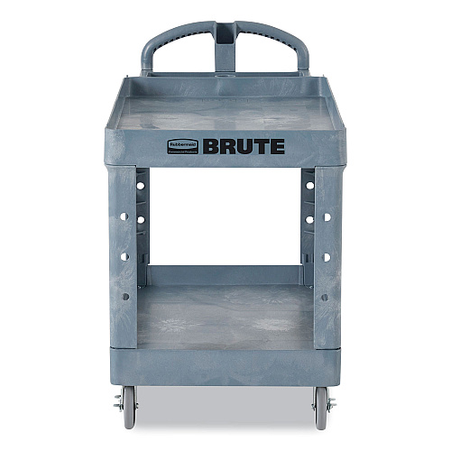 Rubbermaid Commercial BRUTE Heavy-Duty Ergo Handle Utility Cart, Plastic, Two Shelves, 500 lb Capacity, 25.5" x 44" x 39", Gray (2192464)