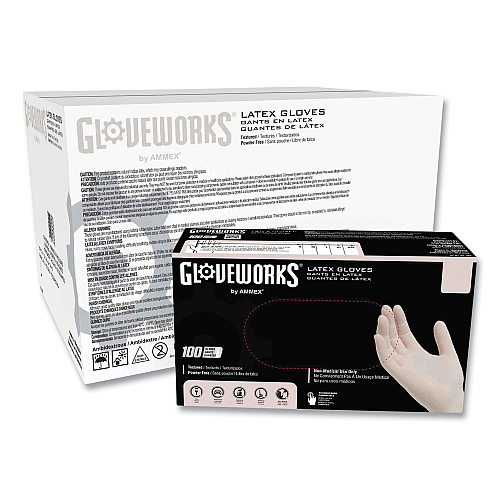 GloveWorks by AMMEX Latex Disposable Gloves, Powder-Free, 4 mil, Medium, Ivory, 100 Gloves/Box, 10 Boxes/Carton (TLF44100)