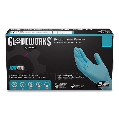 GloveWorks by AMMEX Industrial Nitrile Gloves, Powder-Free, 5 mil, Blue, Large, 100 Gloves/Box, 10 Boxes/Carton (INPF46100)