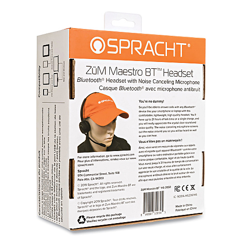 Spracht ZuM Maestro Bluetooth Monaural Over The Head Headset, Black (HS2050)