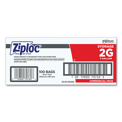 Ziploc Double Zipper Storage Bags, 2 Gallon, 15" x 13", Clear, 100/Carton (682253)