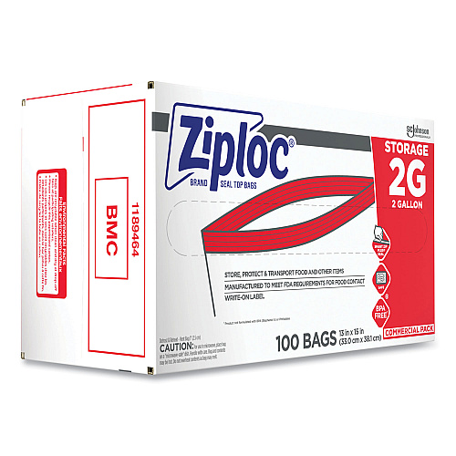 Ziploc Double Zipper Storage Bags, 2 Gallon, 15" x 13", Clear, 100/Carton (682253)