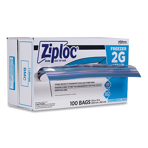 Ziploc Zipper Freezer Bags, 2 gal, 13" x 15.5", Clear, 100/Carton (682254)