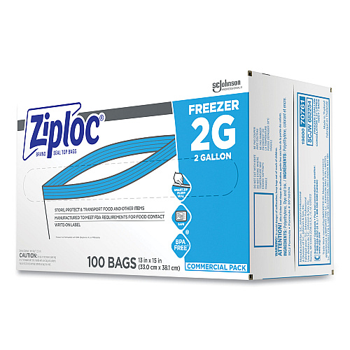 Ziploc Zipper Freezer Bags, 2 gal, 13" x 15.5", Clear, 100/Carton (682254)