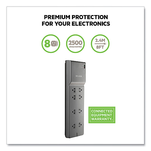 Belkin Home/Office Surge Protector, 8 AC Outlets, 8 ft Cord, 2,500 J, Black (BE10800008CM)
