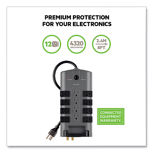 Belkin Pivot Plug Surge Protector, 12 AC Outlets, 8 ft Cord, 4,320 J, Gray (BP11223008)