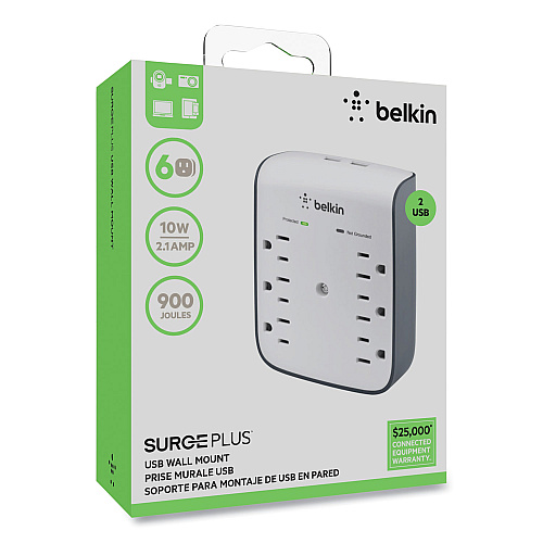 Belkin SurgePlus USB Wall Mount Charger, 6 AC Outlets/2 USB Ports, 900 J, White/Black (BSV602TT)