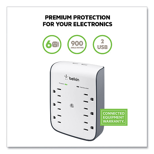 Belkin SurgePlus USB Wall Mount Charger, 6 AC Outlets/2 USB Ports, 900 J, White/Black (BSV602TT)