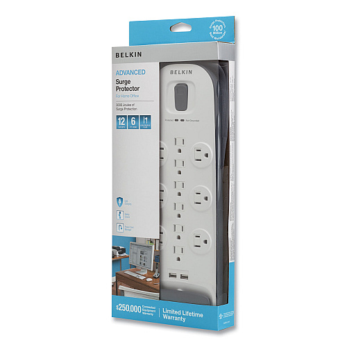 Belkin Home/Office Surge Protector, 12 AC Outlets, 6 ft Cord, 3,996 J, White/Black (BV11205006)