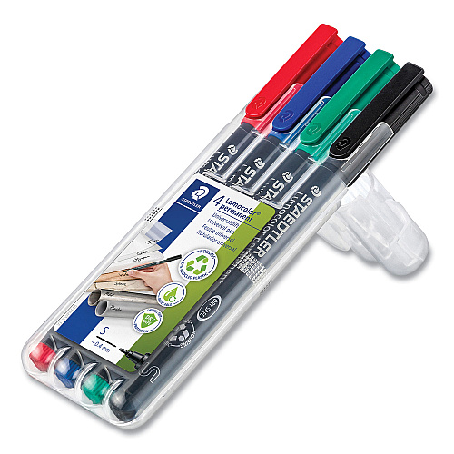 Staedtler Lumocolor Permanent Marker Pen, Porous Point, Extra-Fine, 0.4 mm, Assorted Ink Colors/Barrel, 4/Pack (313WP4)