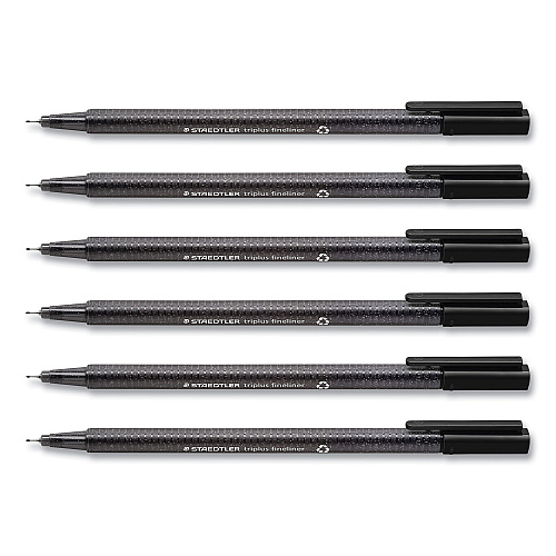 Staedtler Triplus Fineliner Marker Pen, Stick, Fine 0.3 mm, Black Ink, Clear Barrel, 6/Pack (3349SB6RA610)