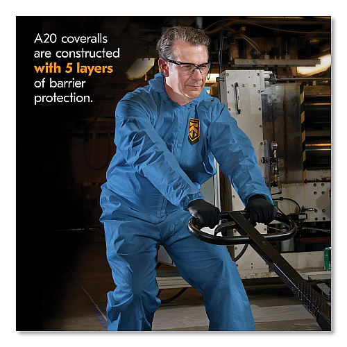 KleenGuard A20 Breathable Particle Protection Coveralls, Zip Front, Hood, Elastic Back, Wrists, Ankles, 4X-Large, Blue, 20/Carton (58517)
