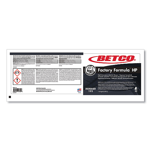 Betco Factory Formula HP Cleaner Degreaser, 1 gal Bottle, 4/Carton (1930400)