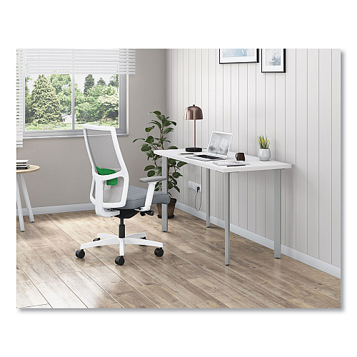 HON Ignition 2.0 4-Way Stretch Mid-Back Mesh Task Chair, Green Adjustable Lumbar Support, Basalt Seat, Fog Back, White Base (I2MM2AFA25KX)