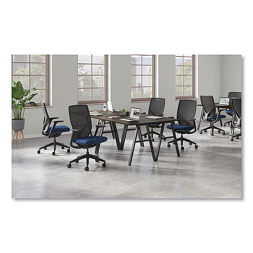 HON Flexion Mesh Back Chair, Supports Up to 300 lb, 14.81" to 19.7" Seat Height, Navy Seat, Black Back, Black Base (FXTSAMAX13NL)