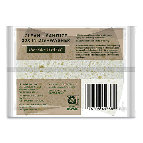 Scotch-Brite Greener Clean Non-Scratch Scrub Sponge, 2.6 x 3.3, 0.7" Thick, White, 3/Pack (97033UG)