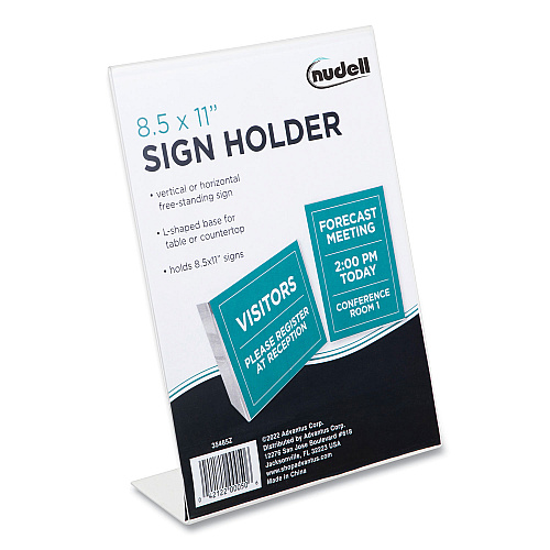 NuDell Clear Plastic Slanted L-Shaped Countertop Sign Holder, Side-Load, Horizontal/Vertical Orientation, 8.5 x 11 Insert (35485Z)