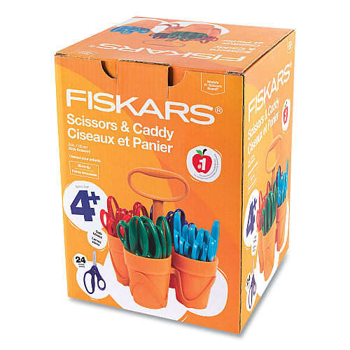 Fiskars Classpack Scissors Caddy, Rounded Tip, 5" Long, 1.6" Cut Length, Straight Assorted Color Handles, 24/Set (1067049)