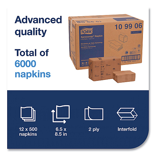 Tork&reg; Xpressnap Interfold Napkins, 2-Ply, 500 Napkins, 12 Packs (109906)