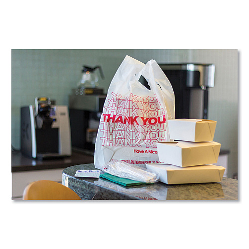 AmerCareRoyal Thank You Bags, Thank You - Have a Nice Day Labeling, Cut-Out Handles, 13" x 23" x 23", White/Red, 1,000/Carton (RPTYB6FS)