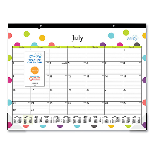 Blue Sky Teacher Dots Academic Desk Pad, 22 x 17, Black Binding, Clear Corners, 12-Month (July to June): 2025 to 2026 (105496)