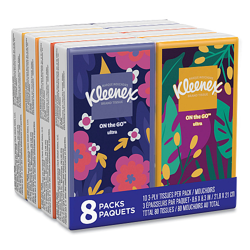 Kleenex On The Go Packs Facial Tissues, 3-Ply, White, 10 Sheets/Pouch, 8 Pouches/Pack, 12 Packs/Carton (46651CT)