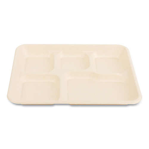 Boardwalk&reg; Bagasse Food Tray, 5-Comp, 8.26 x 10.9, White, 500/CT (BWKTRAY128NPFA)