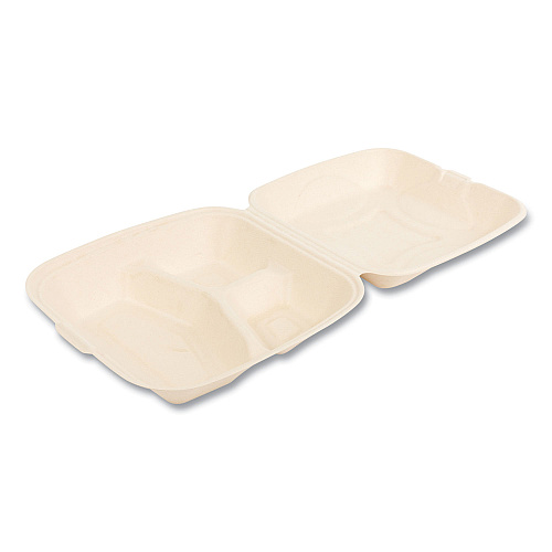 Boardwalk&reg; Bagasse Food Containers, 3-Comp, 9 x 9, White, 200/CT (BWKHNGE3C9NPFA)