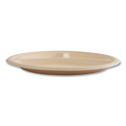 Boardwalk&reg; Bagasse Plate, 10" dia, 3-Compartment, White, 500/CT (BWKPLT3C10NPFA)