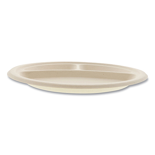 Boardwalk&reg; Bagasse Plate, 10" dia, 3-Compartment, White, 500/CT (BWKPLT3C10NPFA)