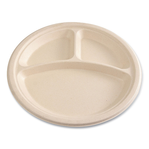 Boardwalk&reg; Bagasse Plate, 10" dia, 3-Compartment, White, 500/CT (BWKPLT3C10NPFA)