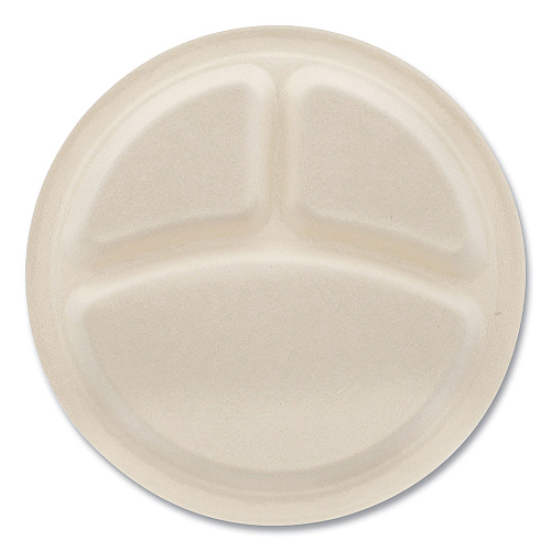 Boardwalk&reg; Bagasse Plate, 10" dia, 3-Compartment, White, 500/CT (BWKPLT3C10NPFA)
