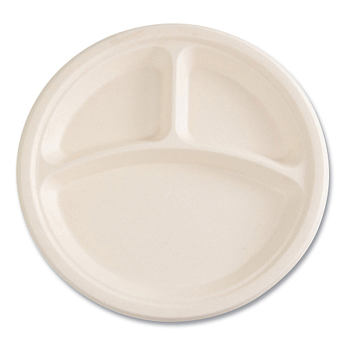 Boardwalk&reg; Bagasse Plate, 10" dia, 3-Compartment, White, 500/CT (BWKPLT3C10NPFA)