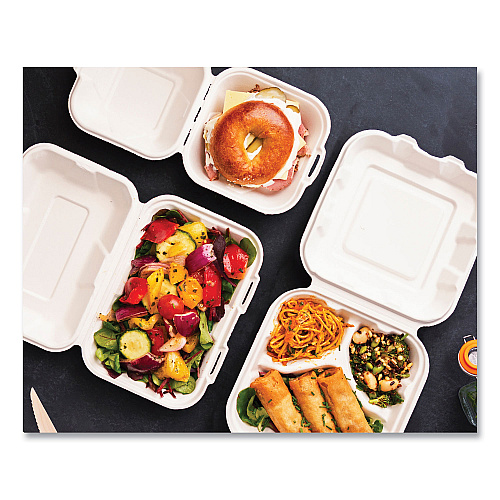 Vegware White Molded Fiber Clamshell Containers, Compostable, 5.9 x 5.9 x 2.9, White, Sugarcane, 400/Carton (WHBRG6HW)