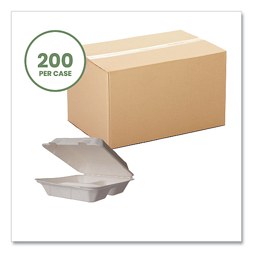 Vegware Nourish Molded Fiber Takeout Containers, Compostable, 3-Compartment, 5 x 9 x 2, White, Sugarcane, 200/Carton (WH93HW)