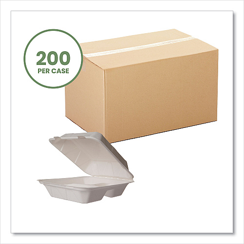 Vegware White Molded Fiber Clamshell Containers, Compostable, 3-Compartment, 7.9 x 7.9 x 2.9, White, Sugarcane, 200/Carton (WHBRG83HW)