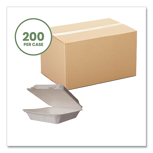 Vegware White Molded Fiber Clamshell Containers, Compostable, 9 x 9 x 3, White, Sugarcane, 200/Carton (WHBRG9HW)