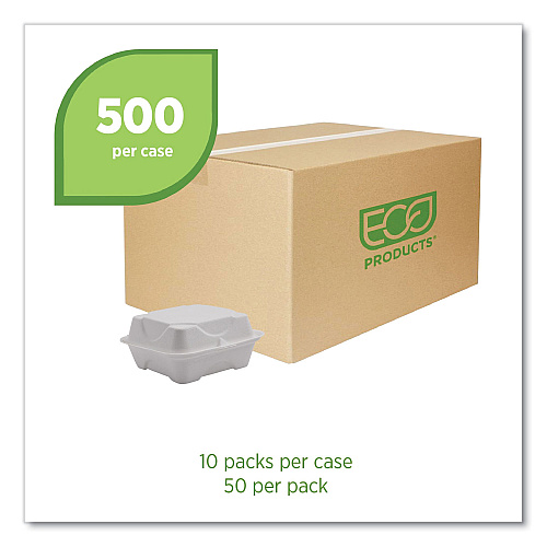 Eco-Products Vanguard Renewable and Compostable Sugarcane Clamshells, 6 x 6 x 3, White, 500/Carton (EPHC6NFA)