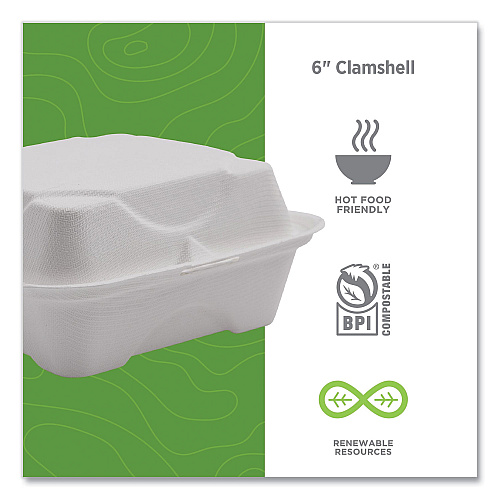 Eco-Products Vanguard Renewable and Compostable Sugarcane Clamshells, 6 x 6 x 3, White, 500/Carton (EPHC6NFA)