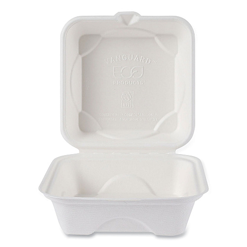 Eco-Products Vanguard Renewable and Compostable Sugarcane Clamshells, 6 x 6 x 3, White, 500/Carton (EPHC6NFA)