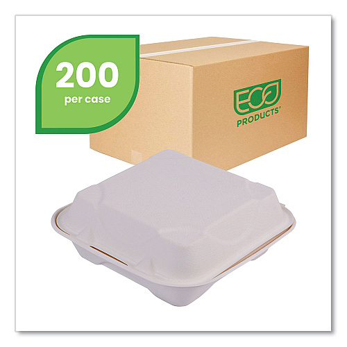 Eco-Products Vanguard Renewable and Compostable Sugarcane Clamshells, 1-Compartment, 8 x 8 x 3, White, 200/Carton (EPHC81NFA)
