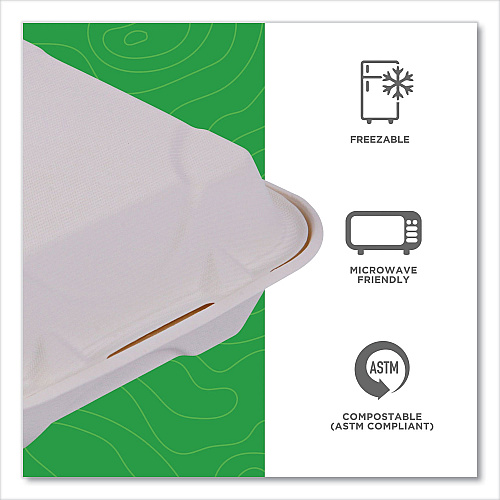 Eco-Products Vanguard Renewable and Compostable Sugarcane Clamshells, 1-Compartment, 8 x 8 x 3, White, 200/Carton (EPHC81NFA)