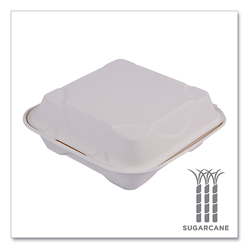 Eco-Products Vanguard Renewable and Compostable Sugarcane Clamshells, 1-Compartment, 8 x 8 x 3, White, 200/Carton (EPHC81NFA)