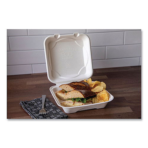 Eco-Products Vanguard Renewable and Compostable Sugarcane Clamshells, 1-Compartment, 8 x 8 x 3, White, 200/Carton (EPHC81NFA)