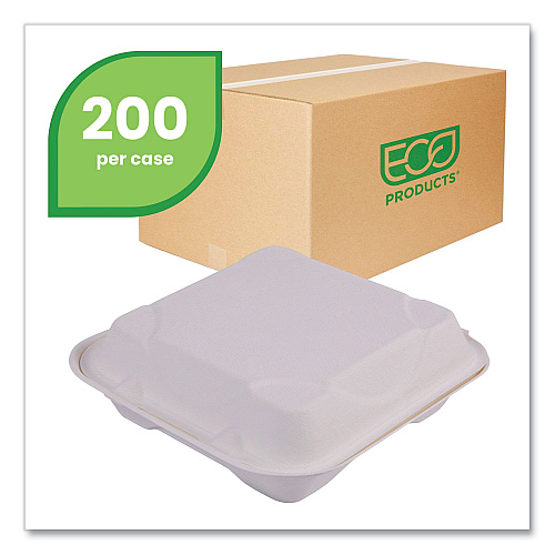 Eco-Products Bagasse Hinged Clamshell Containers, 9 x 9 x 3, White, Sugarcane, 50/Pack, 4 Packs/Carton (EPHC91)