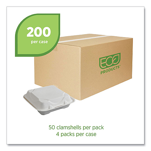Eco-Products Vanguard Renewable and Compostable Sugarcane Clamshells, 1-Compartment, 9 x 9 x 3, White, 200/Carton (EPHC91NFA)