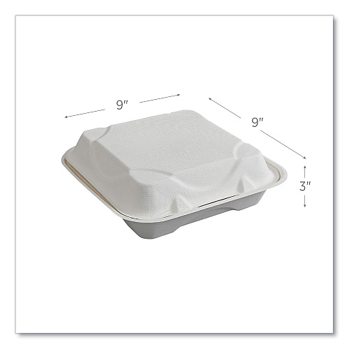 Eco-Products Vanguard Renewable and Compostable Sugarcane Clamshells, 1-Compartment, 9 x 9 x 3, White, 200/Carton (EPHC91NFA)